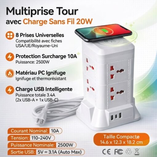 Multiprise 8 Prises + 2 USB + 1 Type-C et Chargeur Sans-fil 2500W 3.1A TOUR