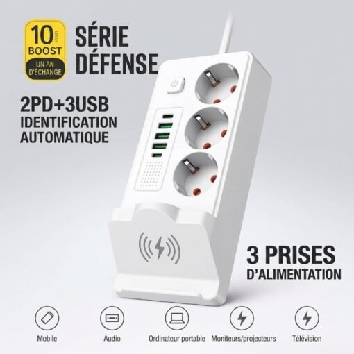 Multiprise 3P + 3USB + 2 TYPE-C 2500W Chargement Sans-Fil