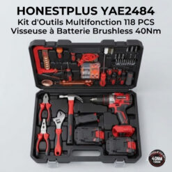 Kit d'Outils Multifonction 118 PCS avec Visseuse à Batterie Brushless 40Nm HONESTPLUS YAE2484