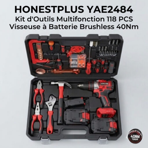 Kit d'Outils Multifonction 118 PCS avec Visseuse à Batterie Brushless 40Nm HONESTPLUS YAE2484