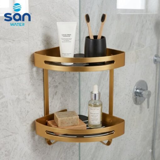 Etagère de Coin Double Noir et Doré en Aluminium pour Salle de Bain SANWATER