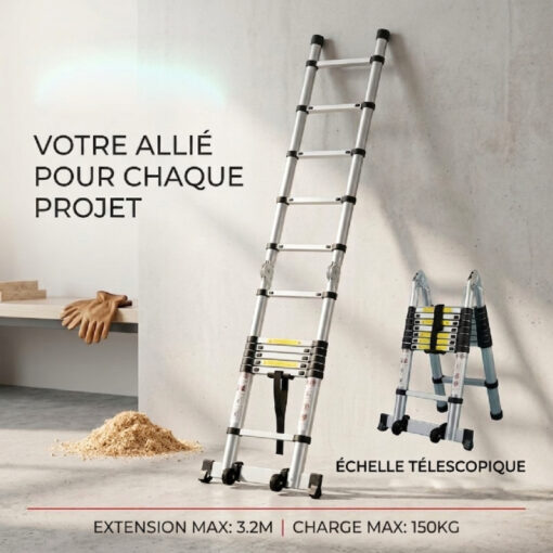 Echelle Télescopique en Aluminium (1.6M+1.6M) 3.2M avec Roues