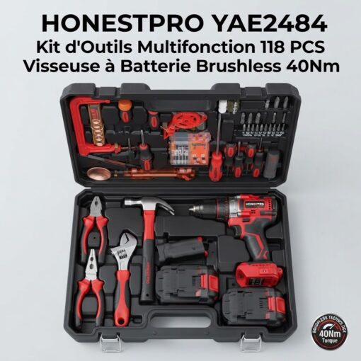 Kit d'Outils Multifonction 118 PCS avec Visseuse à Batterie Brushless 40Nm HONESTPRO YAE2484