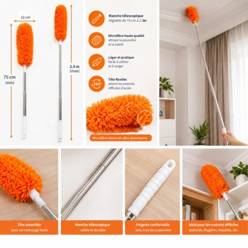 Plumeau Microfibre Anti-Poussière Télescopique (75cm à 2.5 m) avec Tête Flexible & Amovible 25-27