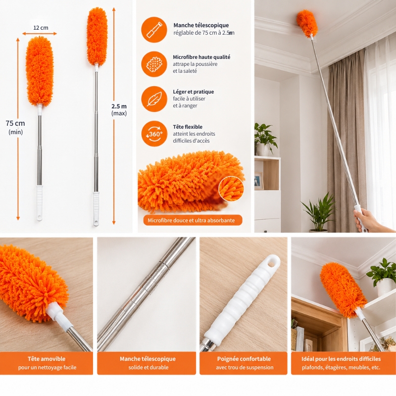 Plumeau Microfibre Anti-Poussière Télescopique (75cm à 2.5 m) avec Tête Flexible & Amovible 25-27