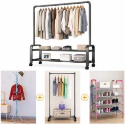 Alternative view of Penderie Porte-Manteau Métallique Multifonction à Roulettes (100x46x175 cm) avec Double Étagère à Chaussures 24-95