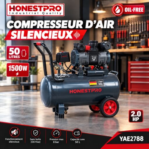 Compresseur d'Air Silencieux 50 Litres 1500W HONESTPRO YAE2788