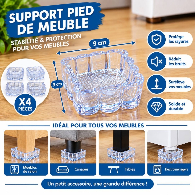 Set de 4 Supports de Pieds de Meuble en Plastique carré (GM)