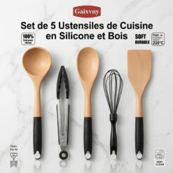 Set de 5 Ustensiles de Cuisine en Silicone et Bois