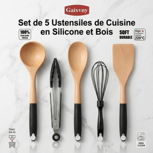 Set de 5 Ustensiles de Cuisine en Silicone et Bois