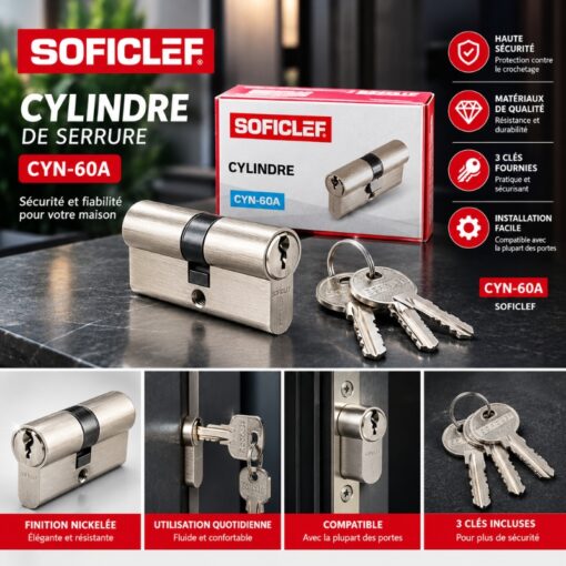 Cylindre de serrure européen 62mm SOFICLEF CYN-60A