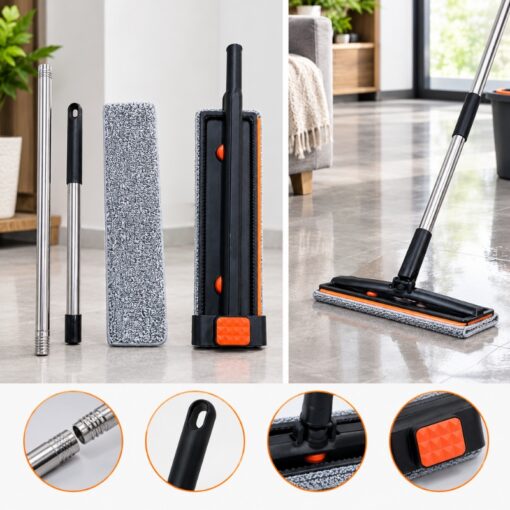 Balai Aplat Auto-Essoreur en Microfibre avec Manche Inox – Système d'Essorage Intégré à Glissière + Rechange 25-03