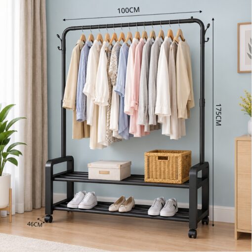 Penderie Porte-Manteau Métallique Multifonction à Roulettes (100x46x175 cm) avec Double Étagère à Chaussures 24-95