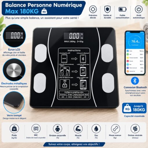 Balance intelligente / pèse-personne numérique Bluetooth (Max 180 kg)