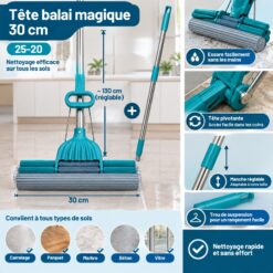 Balai Magique Éponge PVA 30 cm avec Manche Réglable 130 cm – Système d'Essorage Intégré