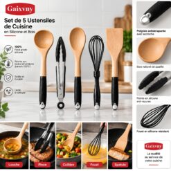 Set de 5 Ustensiles de Cuisine en Silicone et Bois
