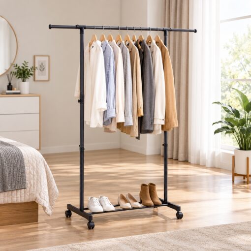 Penderie à Vêtements Mobile Extensible avec Étagère à Chaussures et Roulettes 23-16