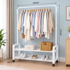 Penderie Porte-Manteau Métallique Multifonction à Roulettes (100x46x175 cm) avec Double Étagère à Chaussures 24-95 – Image 4