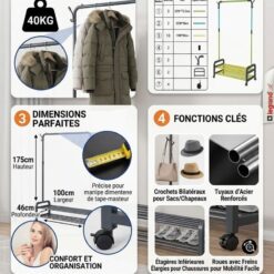 Penderie Porte-Manteau Métallique Multifonction à Roulettes (100x46x175 cm) avec Double Étagère à Chaussures 24-95 – Image 6
