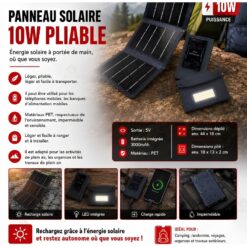 Panneau solaire USB pliable et portable capacité 3000mAh 10W