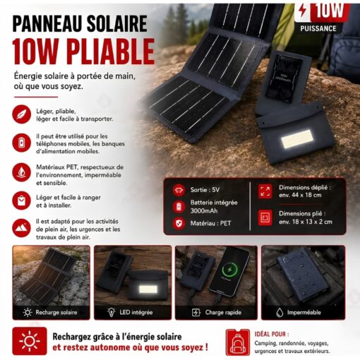 Panneau solaire USB pliable et portable capacité 3000mAh 10W