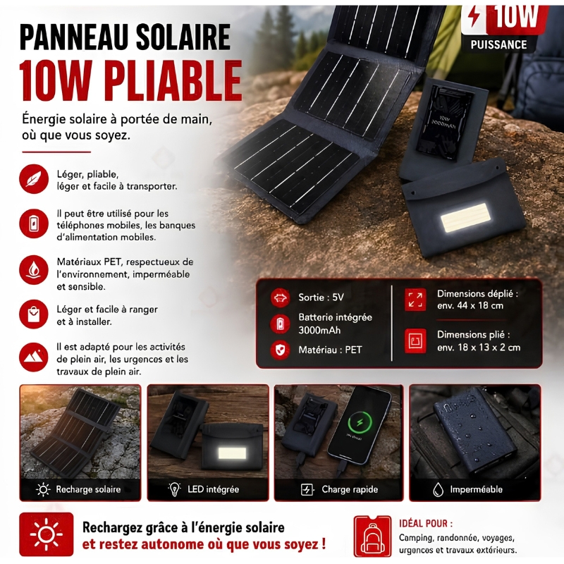 Panneau solaire USB pliable et portable capacité 3000mAh 10W