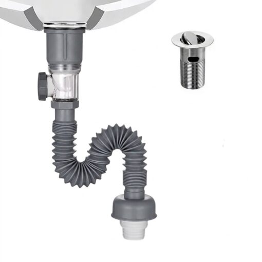 Siphon Lavabo Anti Odeurs Anti Retour à Bouton Gris
