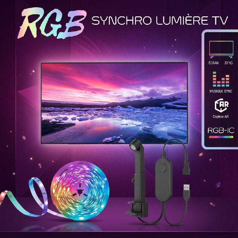Bande Guirlande Lumineuse LED avec Détection de Lumière Synchronisation d'Ecran TV 5M