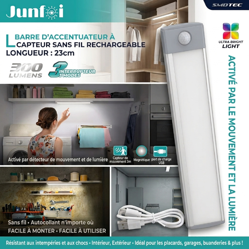 Réglette Applique Néon LED Rechargeable Détecteur de Mouvement 23CM