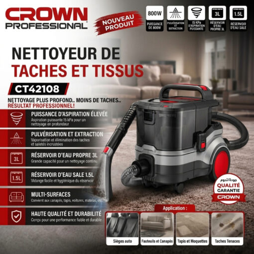 Aspirateur Lifting Injecteur Extracteur d'Eau et Poussière 3L/1.5L 800W CROWN CT42108