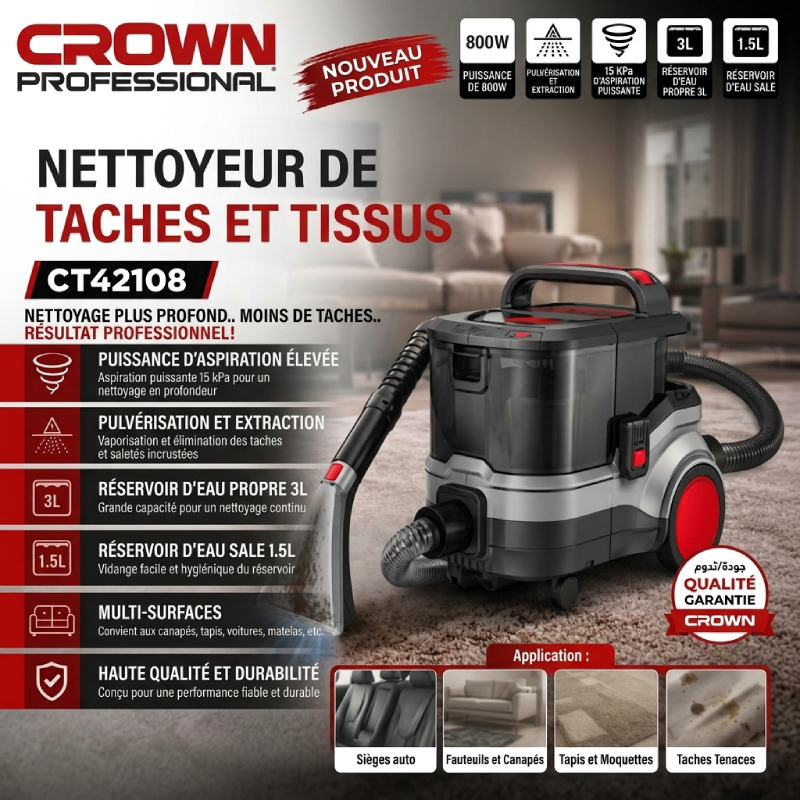Aspirateur Lifting Injecteur Extracteur d'Eau et Poussière 3L/1.5L 800W CROWN CT42108