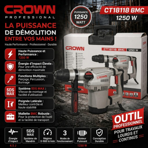 Marteau Perforateur 1250W 40MM CROWN CT18118 BMC
