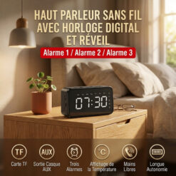 Horloge Réveil Digital 3 Alarmes avec Haut Parleur Bluetooth Rechargeable