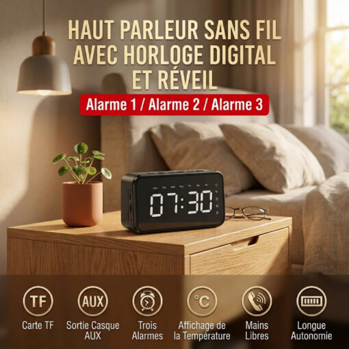 Horloge Réveil Digital 3 Alarmes avec Haut Parleur Bluetooth Rechargeable