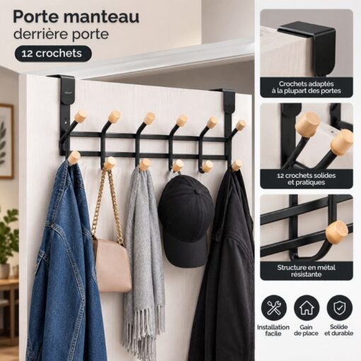 porte-Manteau Derrière Porte Métal Noir (12 Crochets)
