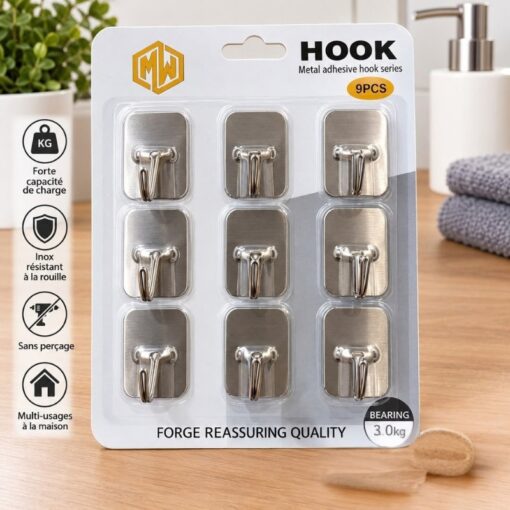 Lot de 9 Crochets Adhesifs en inox Multi-Usages - Charge Max 3.0 kg