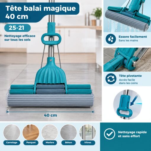 Tête de Balai Magique Éponge PVA Large 40 cm avec Mécanisme d'Essorage (Sans Manche)