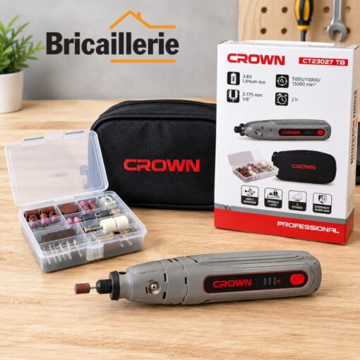 Outil Rotatif Sans Fil 3.6V CROWN CT23027 TB avec Kit Accessoires et Etui de Rangement