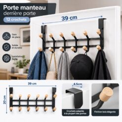 Alternative view of porte-Manteau Derrière Porte Métal Noir (12 Crochets)