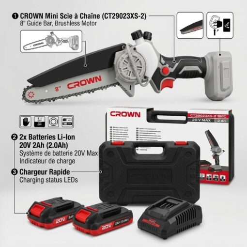 Mini Scie a Chaîne Sans Fil Brushless 20V CROWN CT29023XS-2 BMC