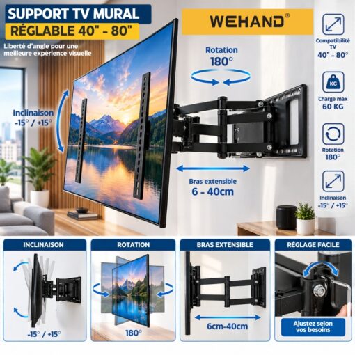 Support TV mural réglable 40″ – 80″ WEHAND