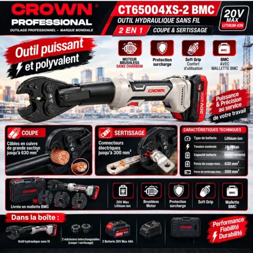 Pince Hydraulique 2 en 1 (Coupe & Sertissage) CROWN 20V Max CT65004XS-2