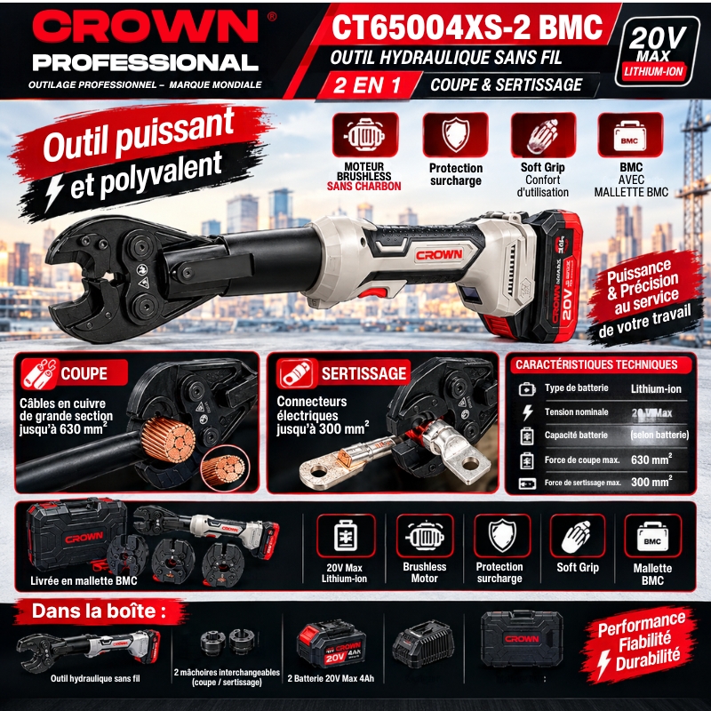 Pince Hydraulique 2 en 1 (Coupe & Sertissage) CROWN 20V Max CT65004XS-2