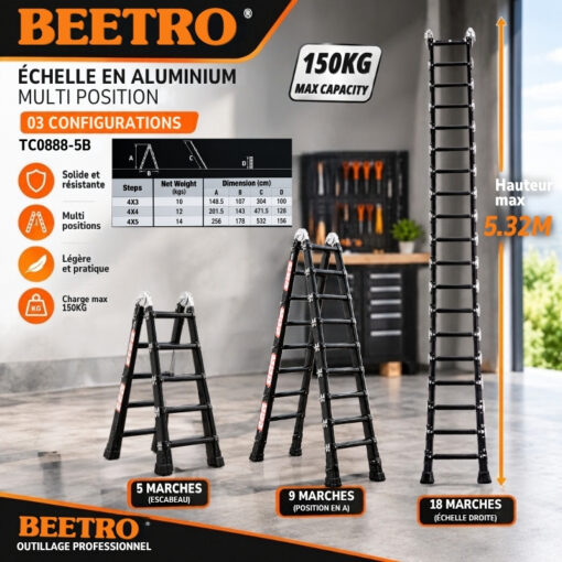 Echelle en Aluminium Multi Position 05 marches BEETRO TC0888-5B