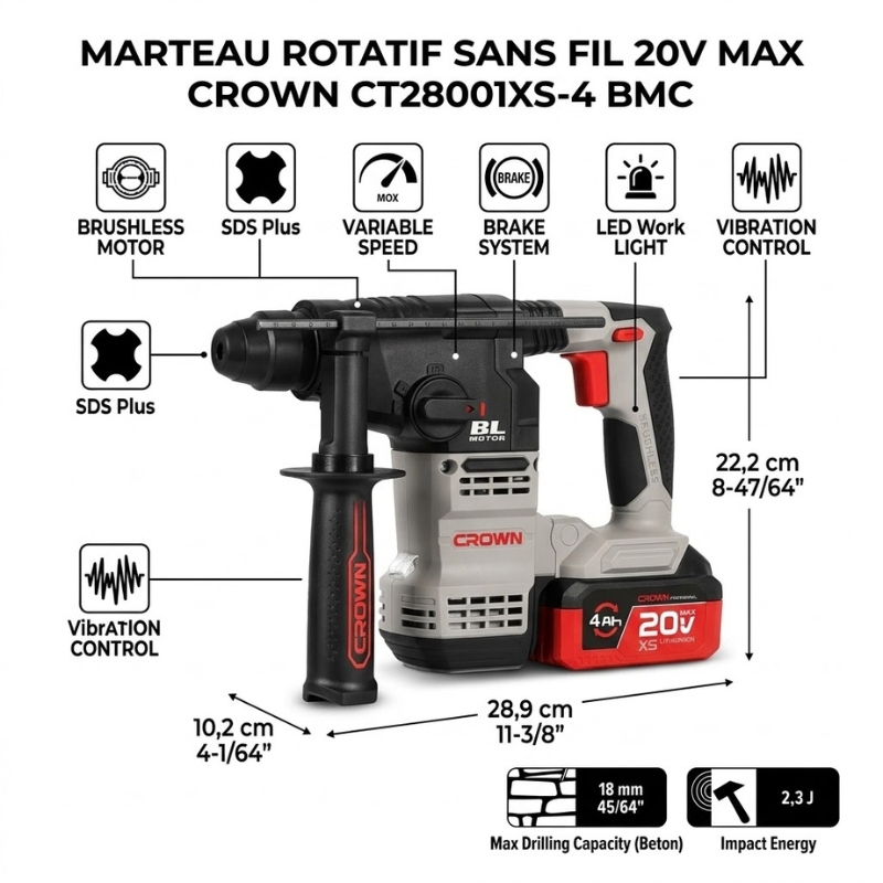 Marteau Perforateur Rotatif Sans Fil 20V Max Brushless CROWN CT28001XS-4 BMC – Image 3