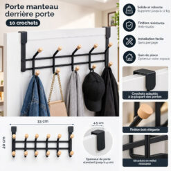 Porte-Manteau Derrière Porte Métal Noir (10 Crochets)
