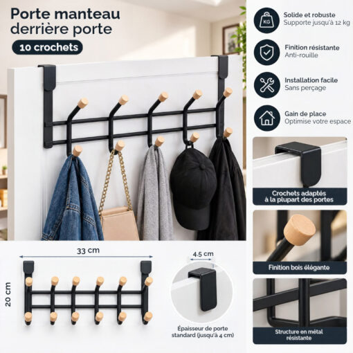 Porte-Manteau Derrière Porte Métal Noir (10 Crochets)